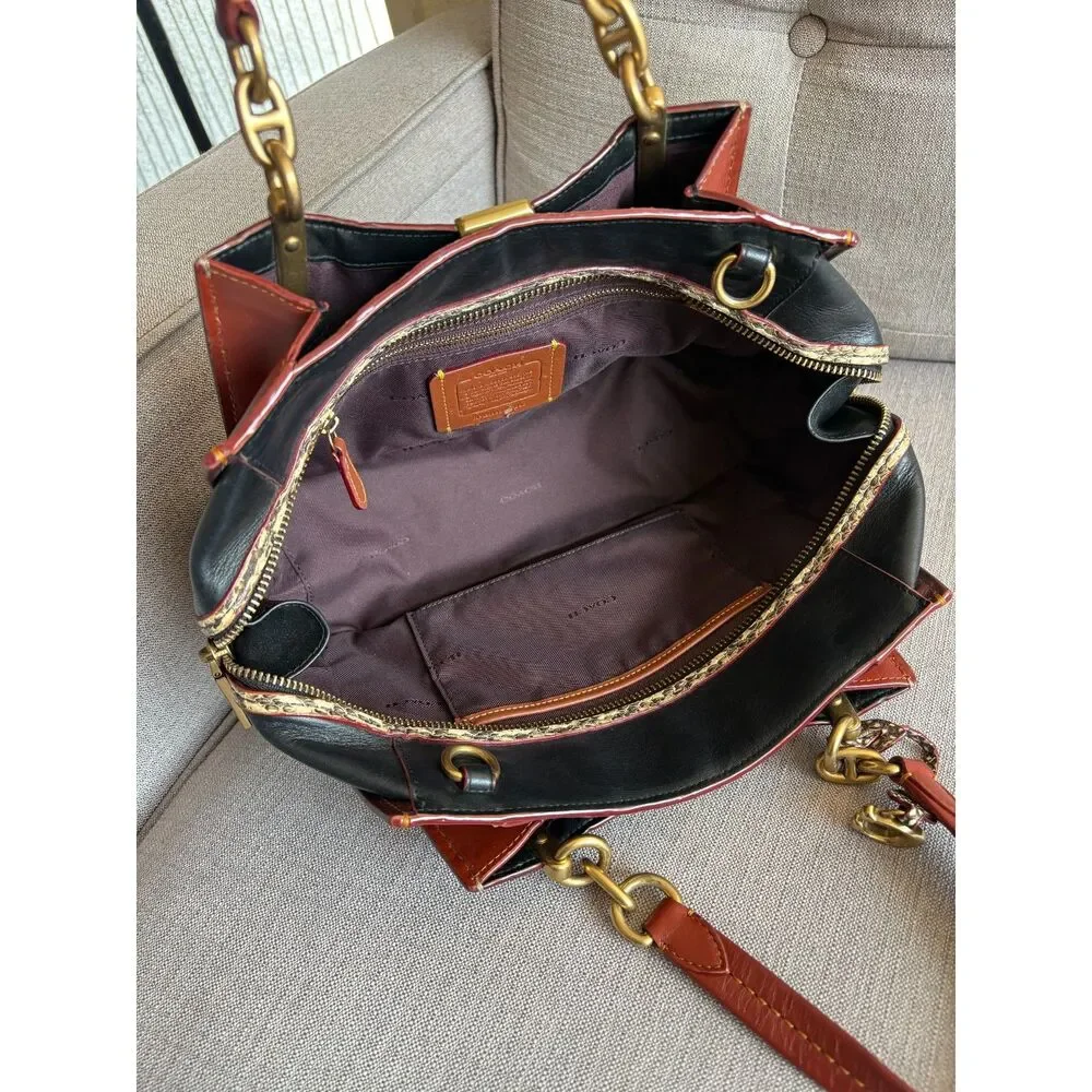 Coach Dreamer 27 In Signature Canvas Tan & Black W/ Snakeskin Detail Satchel Bag
